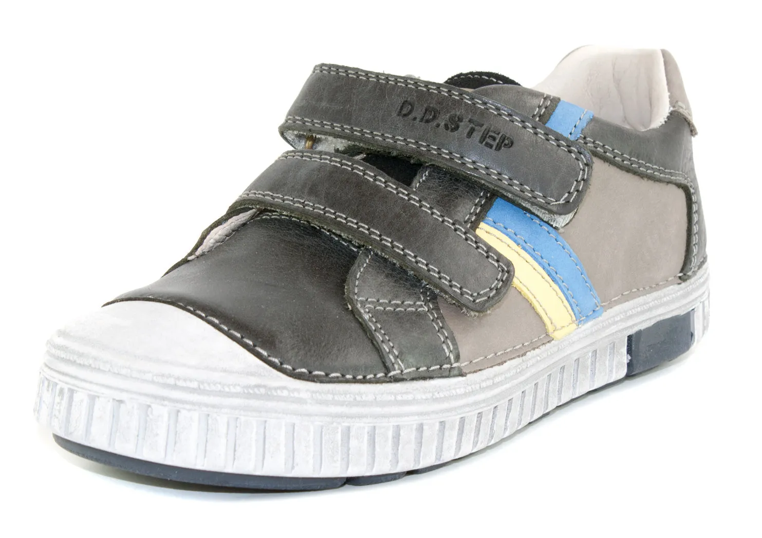 D.D. Step big kid boy shoes grey with yellow and blue stripe size US 13-4