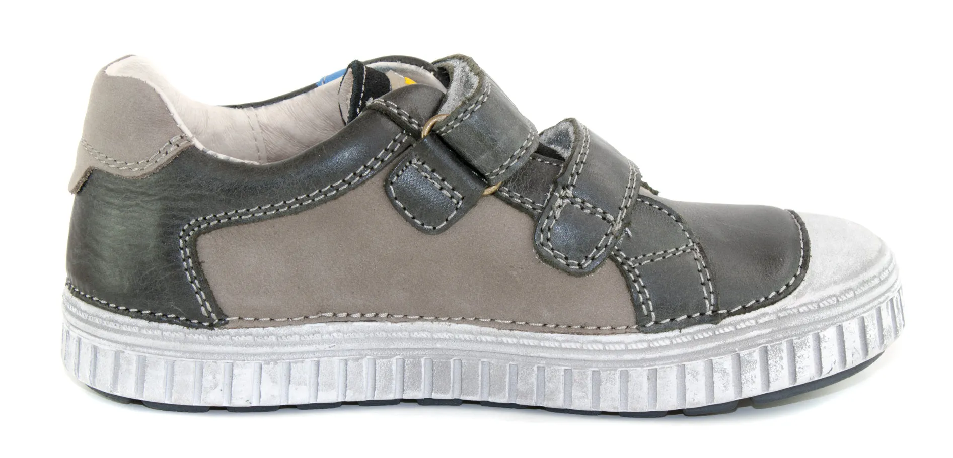 D.D. Step big kid boy shoes grey with yellow and blue stripe size US 13-4