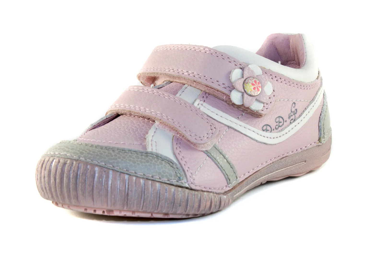 D.D. Step little kid girl double strap shoes baby pink with silver and flower size US 8.5-12