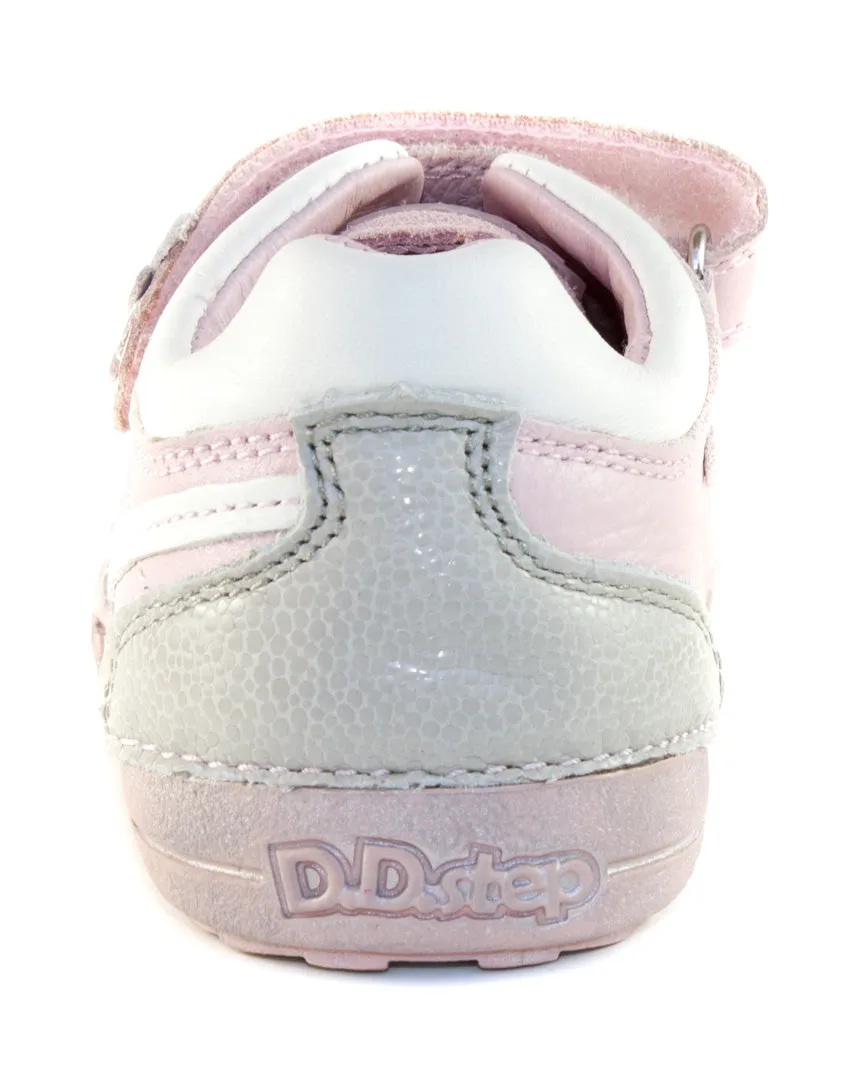 D.D. Step little kid girl double strap shoes baby pink with silver and flower size US 8.5-12