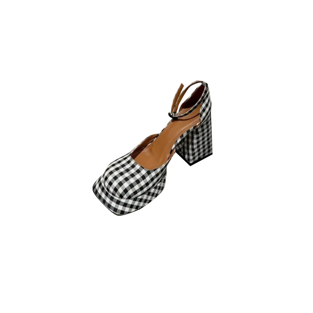 RETKE Checkered Plaid Block Heel Sandals