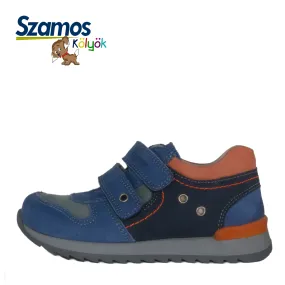 Szamos kid boy sneakers light and navy blue with orange heel liner little kid/big kid size