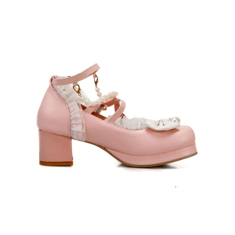 Women Bow Tie Pearls Mary Janes Chunky Heel Platform Pumps