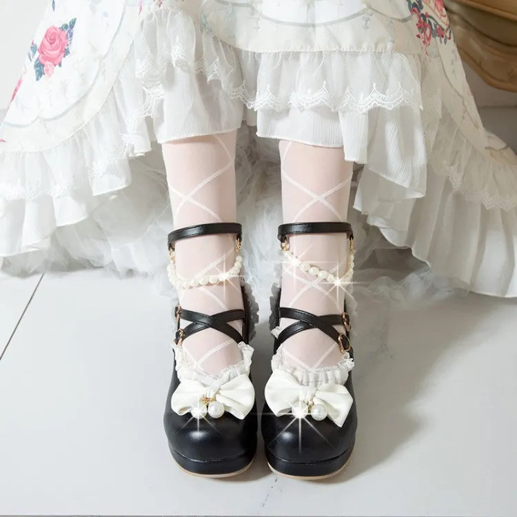 Women Bow Tie Pearls Mary Janes Chunky Heel Platform Pumps
