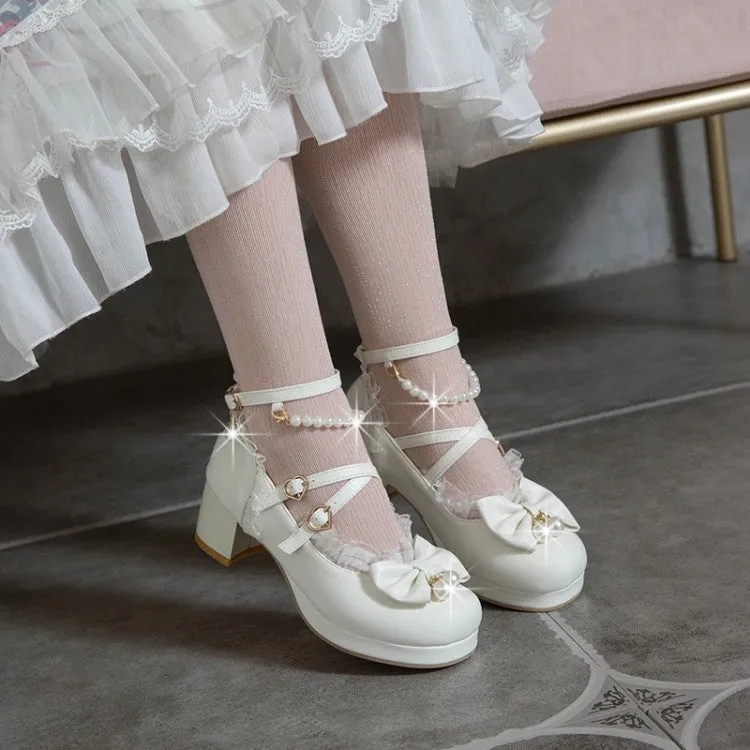 Women Bow Tie Pearls Mary Janes Chunky Heel Platform Pumps