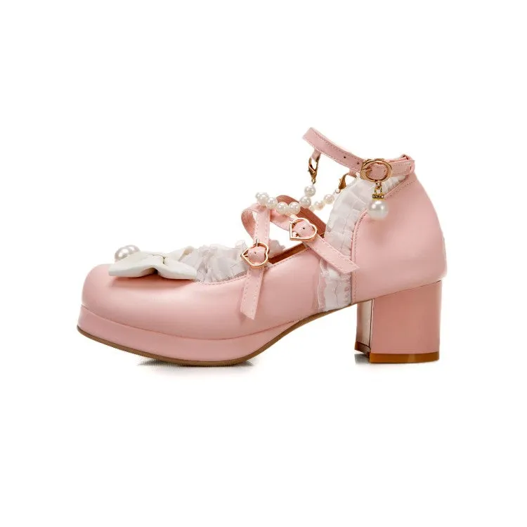 Women Bow Tie Pearls Mary Janes Chunky Heel Platform Pumps
