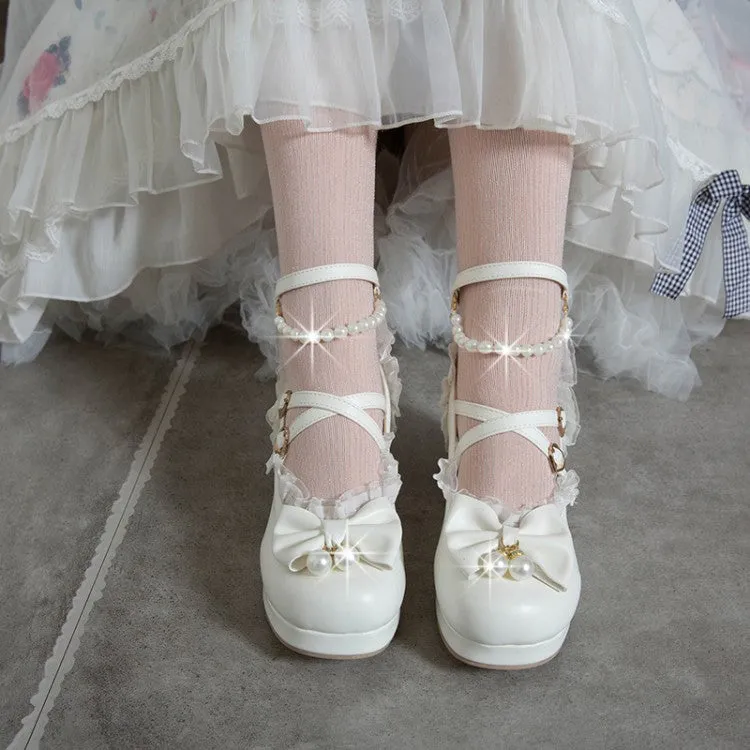 Women Bow Tie Pearls Mary Janes Chunky Heel Platform Pumps