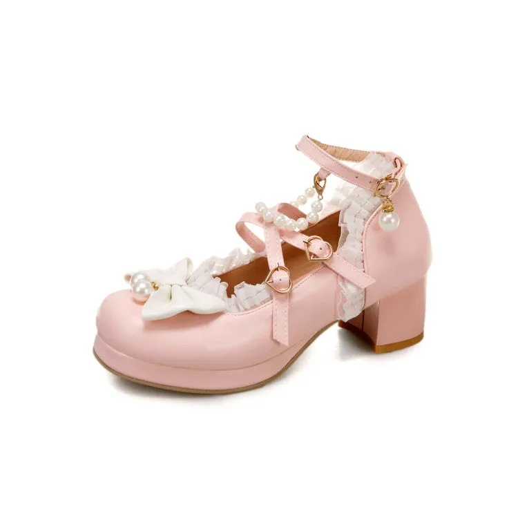 Women Bow Tie Pearls Mary Janes Chunky Heel Platform Pumps