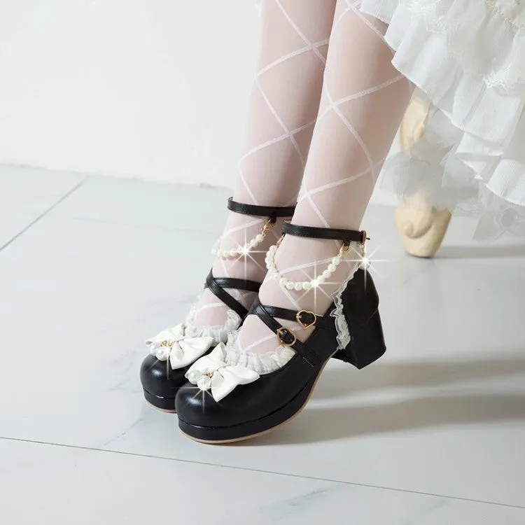 Women Bow Tie Pearls Mary Janes Chunky Heel Platform Pumps