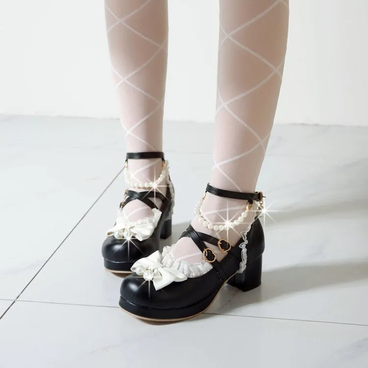 Women Bow Tie Pearls Mary Janes Chunky Heel Platform Pumps