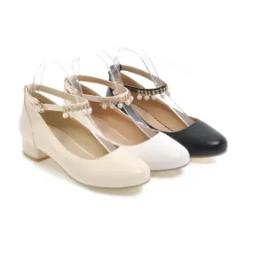 Women's Ankle Strap Pearl Chunky Heels Pumps Shoes