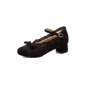 Women's Flock Lace Mary Janes Block Heel Pumps